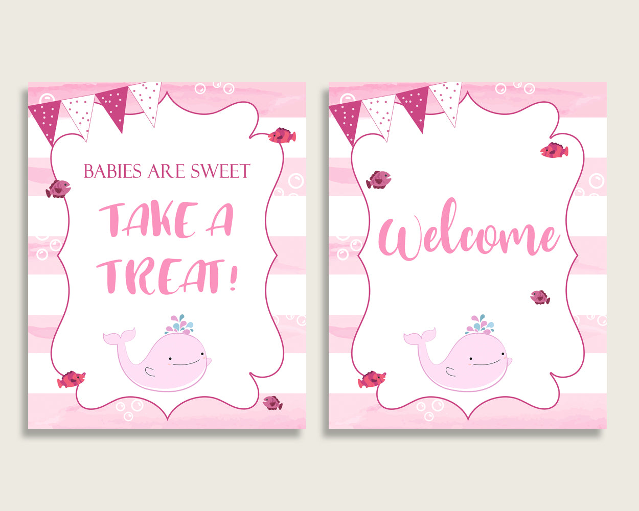 Pink Whale Baby Shower Girl Table Signs Printable, Pink White Party Table Decor, Favors, Food, Drink, Treat, Guest Book, Instant wbl02