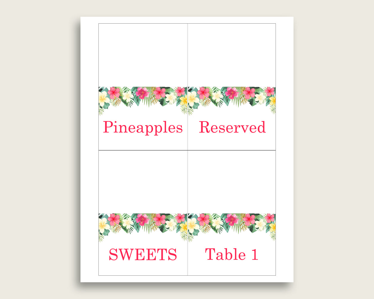 Hawaiian Folded Food Tent Cards Printable, Pink Green Editable Pdf Buffet Labels, Girl Baby Shower Food Place Cards, Instant Download, 955MG