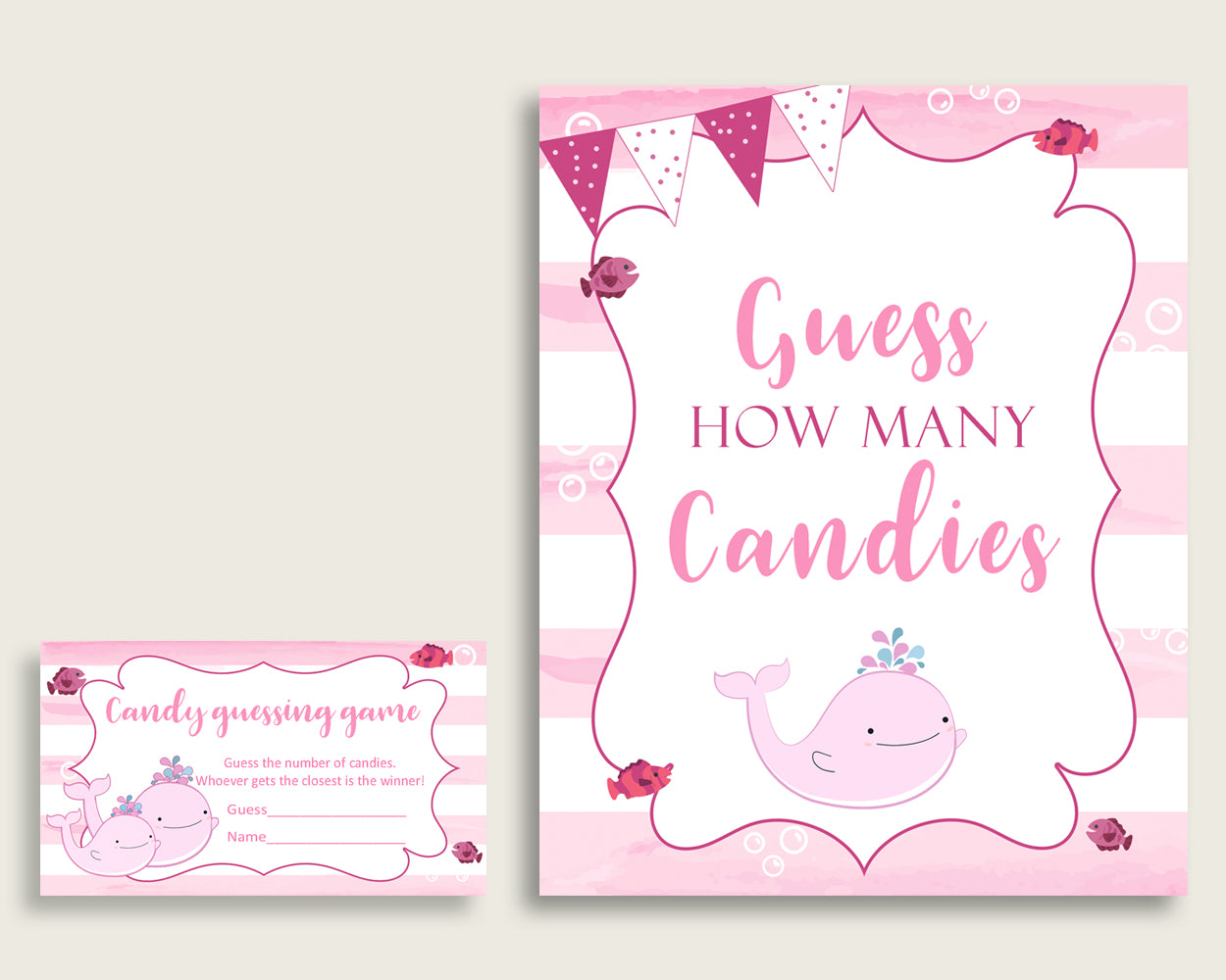 Pink White Candy Guessing Game, Pink Whale Baby Shower Girl Sign And Cards, Guess How Many Candies, Candy Jar Game, Jelly Beans wbl02