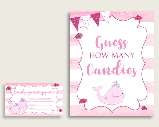 Pink White Candy Guessing Game, Pink Whale Baby Shower Girl Sign And Cards, Guess How Many Candies, Candy Jar Game, Jelly Beans wbl02