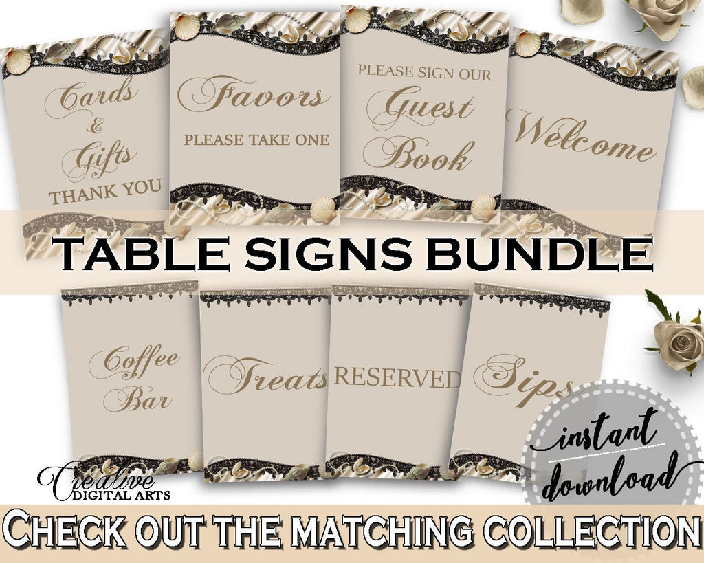 Table Signs Bundle in Seashells And Pearls Bridal Shower Brown And Beige Theme, cards and gifts, bridal shower satin, pdf jpg - 65924 - Digital Product