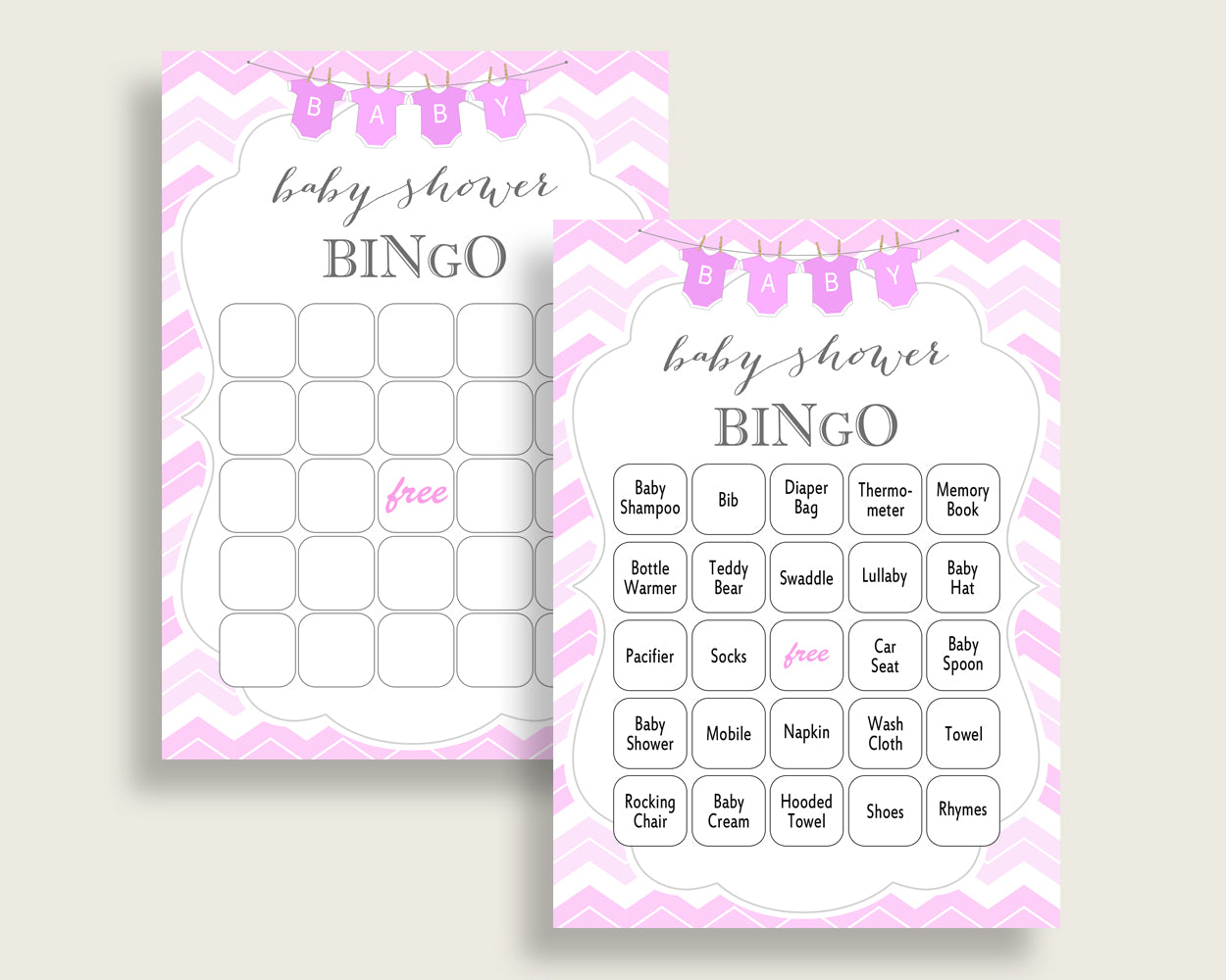 Chevron Baby Shower Bingo Cards Printable, Pink White Baby Shower Girl, 60 Prefilled Bingo Game Cards, Popular Zig Zag Theme cp001