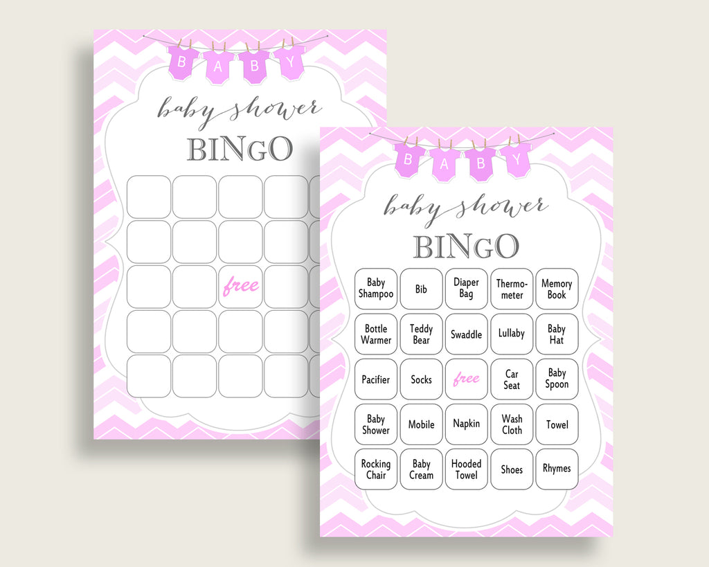 Chevron Baby Shower Bingo Cards Printable, Pink White Baby Shower Girl, 60 Prefilled Bingo Game Cards, Popular Zig Zag Theme cp001