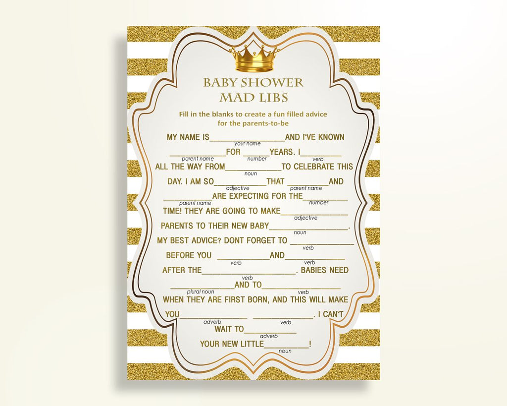 Mad Libs Baby Shower Mad Libs Royal Baby Shower Mad Libs Gold White Baby Shower Gold Mad Libs party theme party supplies printable Y9MQF - Digital Product