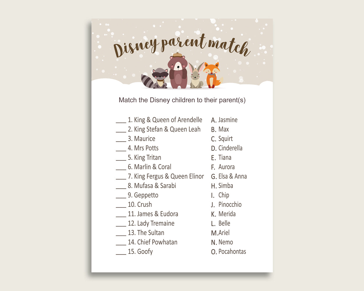 Winter Woodland Disney Parent Match Game, Gender Neutral Baby Shower Game, Beige Brown Match The Disney Parents Printable, Instant RM4SN