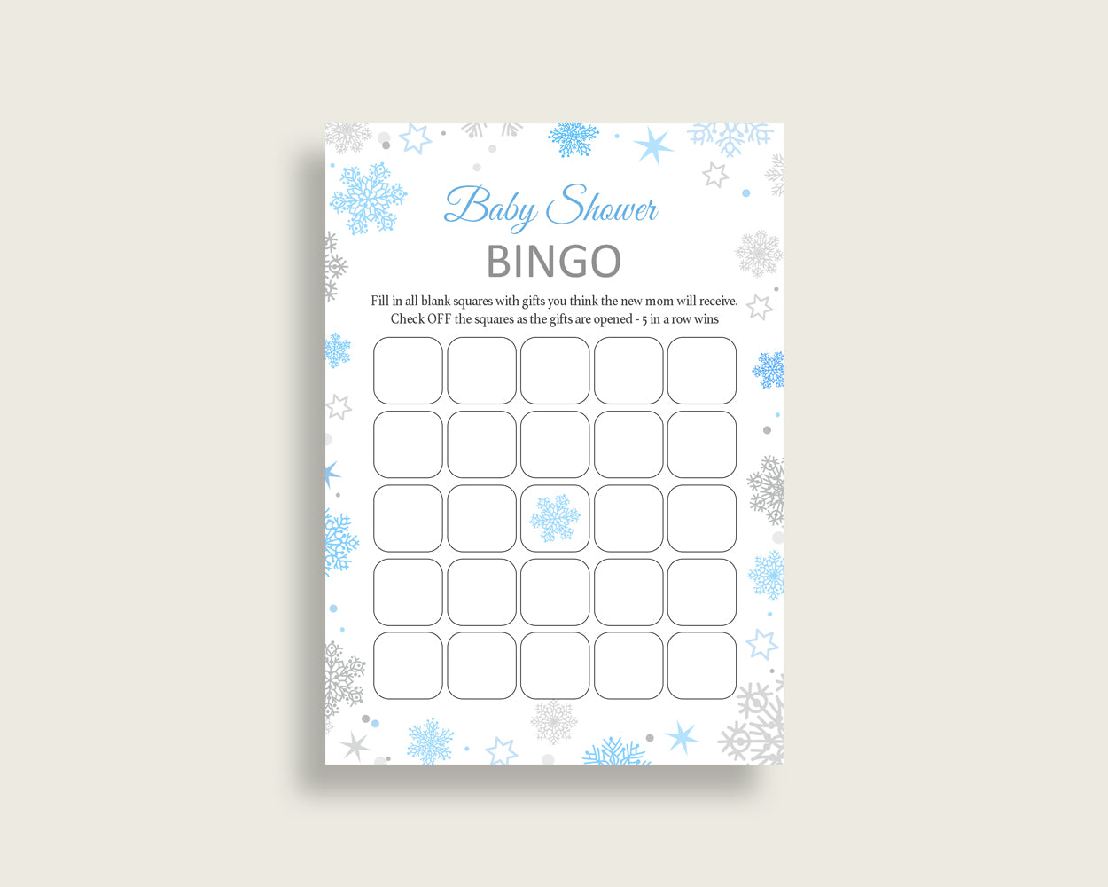 Bingo Baby Shower Bingo Snowflake Baby Shower Bingo Blue Gray Baby Shower Snowflake Bingo customizable files party theme printable NL77H