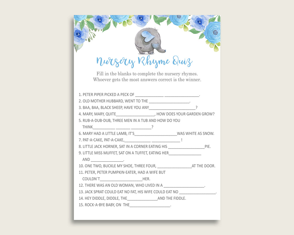 Elephant Blue Nursery Rhyme Quiz Printable, Blue Gray Nursery Rhyme Game, Blue Gray Baby Shower Boy Activities, Instant Download, ebl01