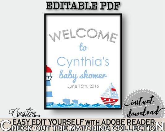 Welcome Sign Baby Shower Welcome Sign Nautical Baby Shower Welcome Sign Baby Shower Nautical Welcome Sign Blue Red party supplies DHTQT - Digital Product