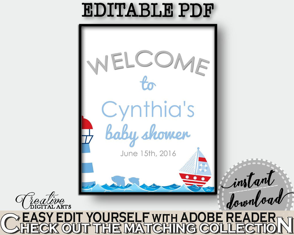 Welcome Sign Baby Shower Welcome Sign Nautical Baby Shower Welcome Sign Baby Shower Nautical Welcome Sign Blue Red party supplies DHTQT - Digital Product