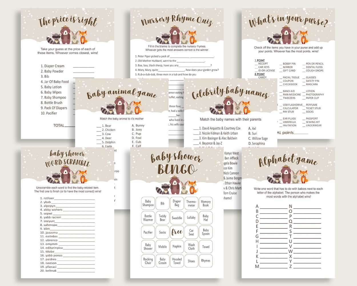 Winter Woodland Baby Shower Games Printable Pack, Beige Brown Baby Shower Games Package Gender Neutral, Winter Woodland Games Bundle RM4SN