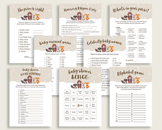 Winter Woodland Baby Shower Games Printable Pack, Beige Brown Baby Shower Games Package Gender Neutral, Winter Woodland Games Bundle RM4SN