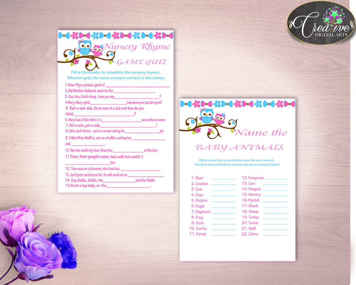 Games Baby Shower Games Owl Baby Shower Games Baby Shower Owl Games Pink Blue party planning pdf jpg party decorations prints owt01