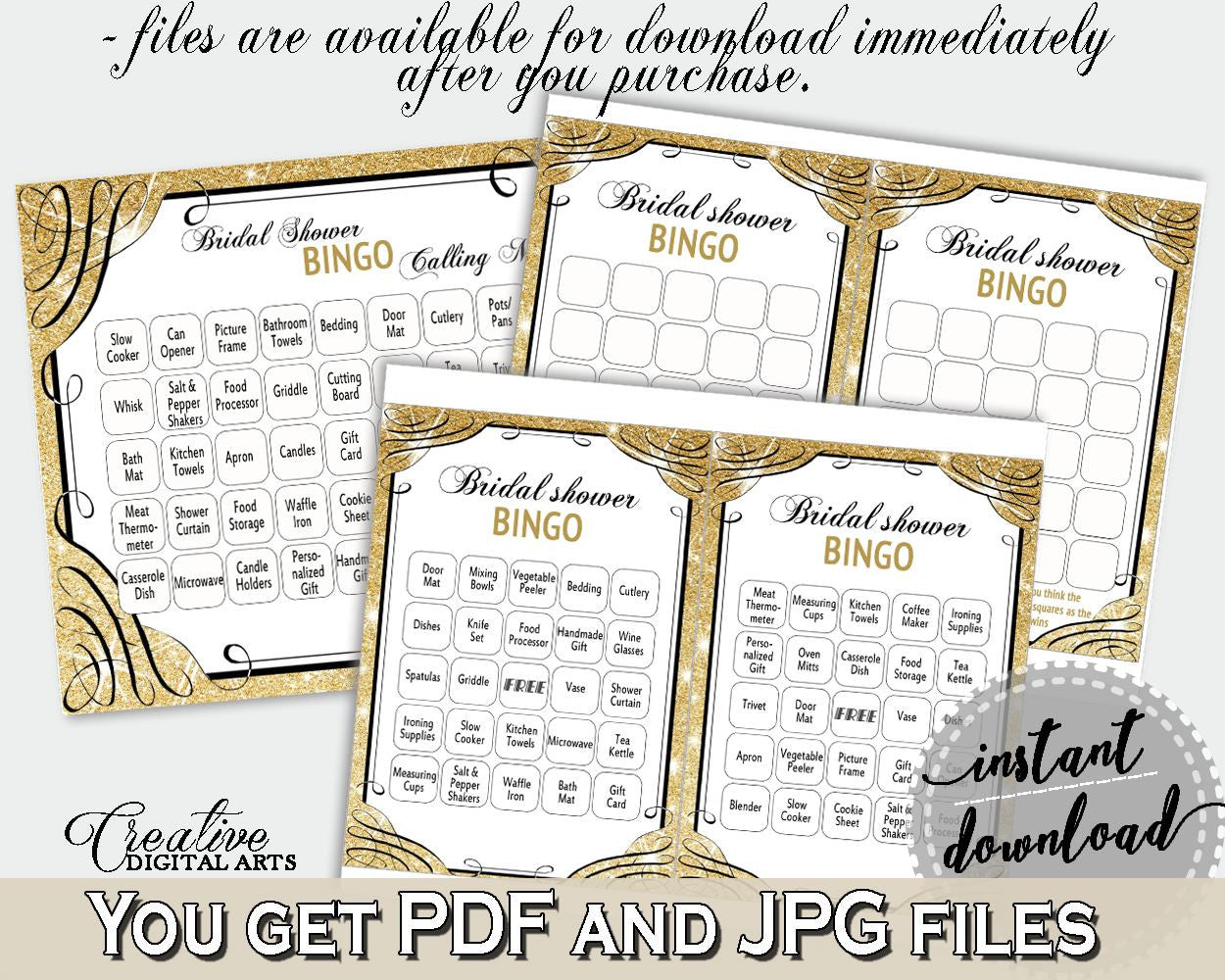 Bingo 60 Cards in Glittering Gold Bridal Shower Gold And Yellow Theme, festivity, gold shine, shower activity, party theme, prints - JTD7P - Digital Product