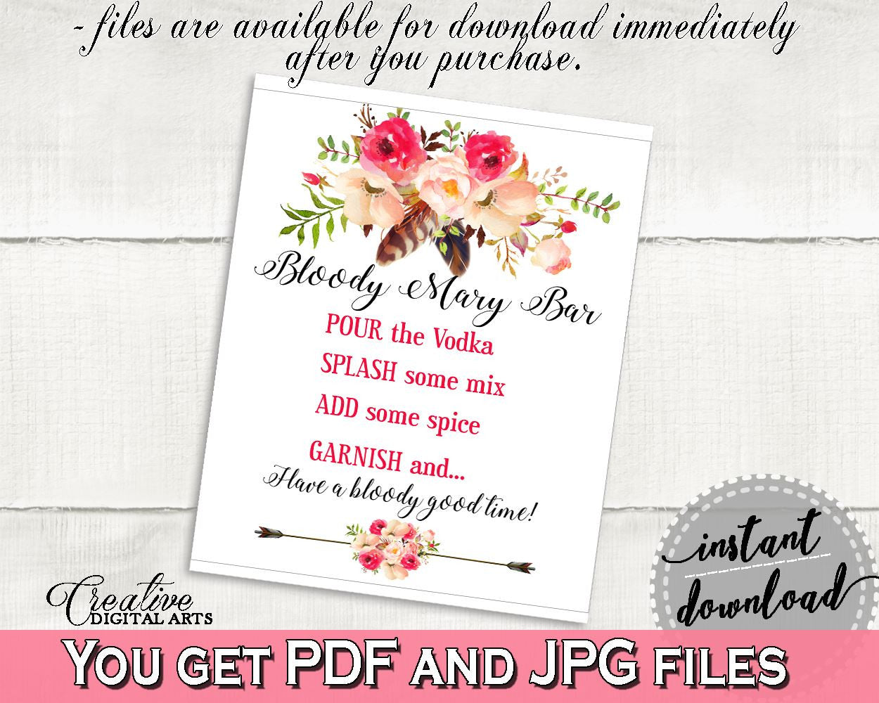 Bohemian Flowers Bridal Shower Bloody Mary Bar Sign in Pink And Red, good time sign, most popular, party decorations, party decor - 06D7T - Digital Product