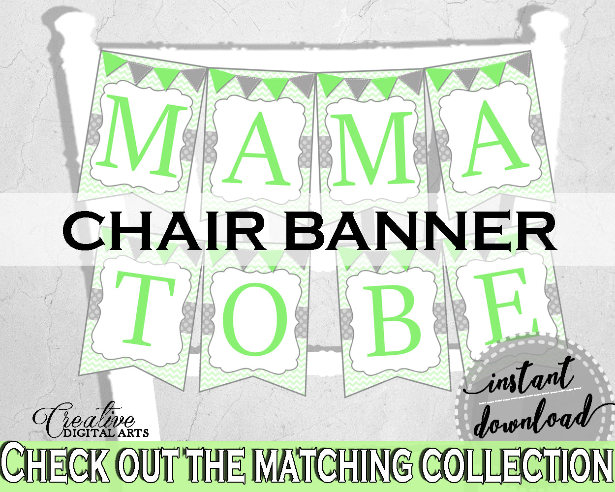 Baby shower CHAIR BANNER decoration printable with chevron green theme, digital files Jpg Pdf, instant download - cgr01