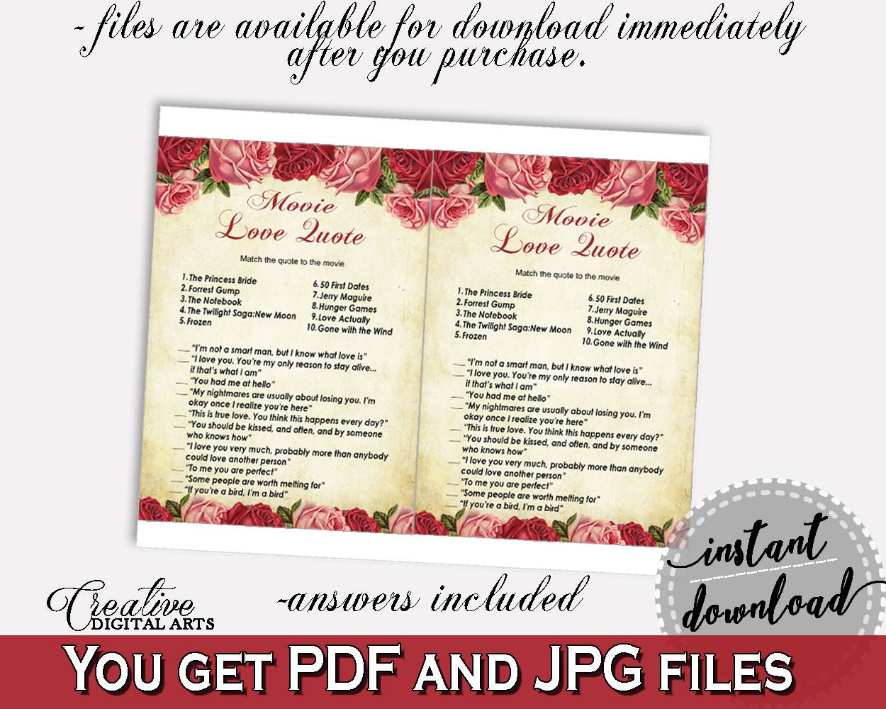 Movie Love Quotes Bridal Shower Movie Love Quotes Vintage Bridal Shower Movie Love Quotes Bridal Shower Vintage Movie Love Quotes Red XBJK2 - Digital Product