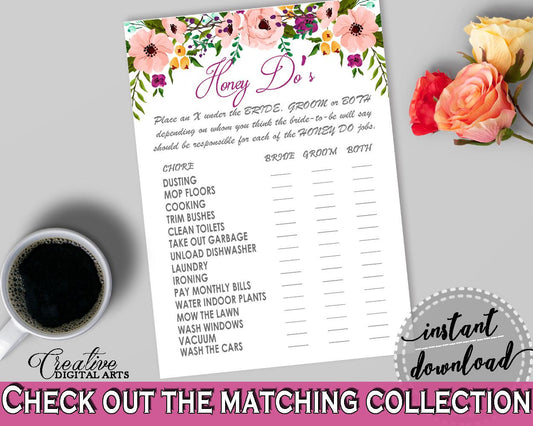 Watercolor Flowers Bridal Shower Honey Do List in White And Pink, sweety perform, floral theme shower, party organizing, party plan - 9GOY4 - Digital Product