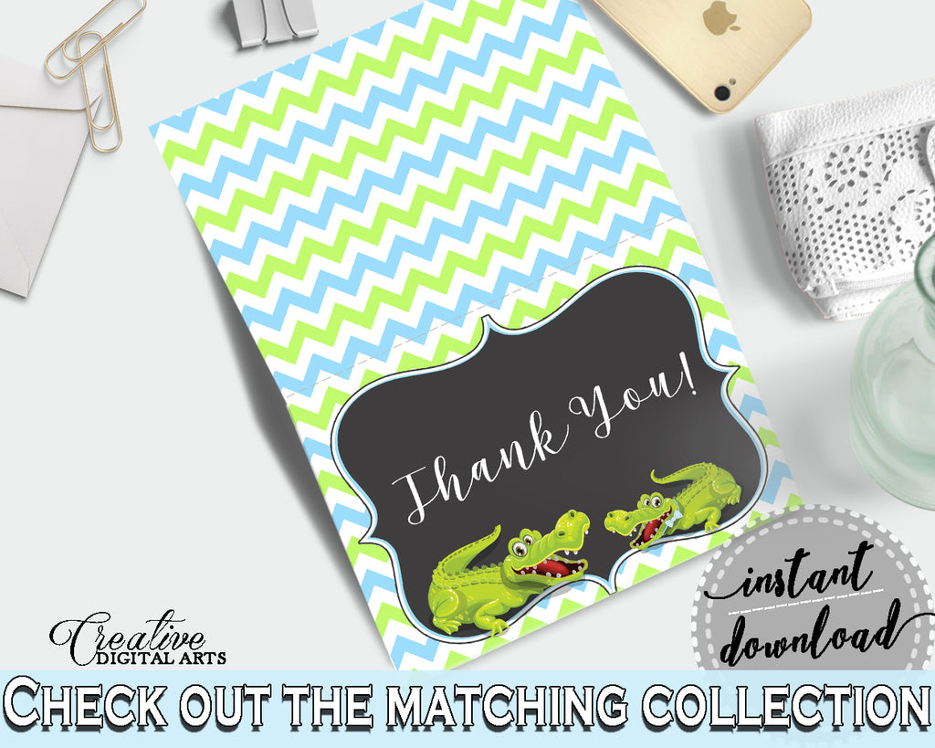 Baby shower THANK YOU card printable with green alligator and blue color theme for boys, instant download - ap002