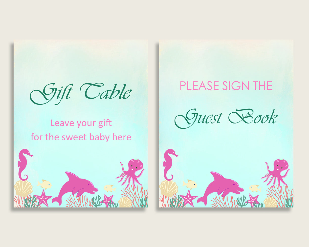 Under The Sea Baby Shower Girl Table Signs Printable, Pink Green Party Table Decor, Favors, Food, Drink, Treat, Guest Book, Instant uts01