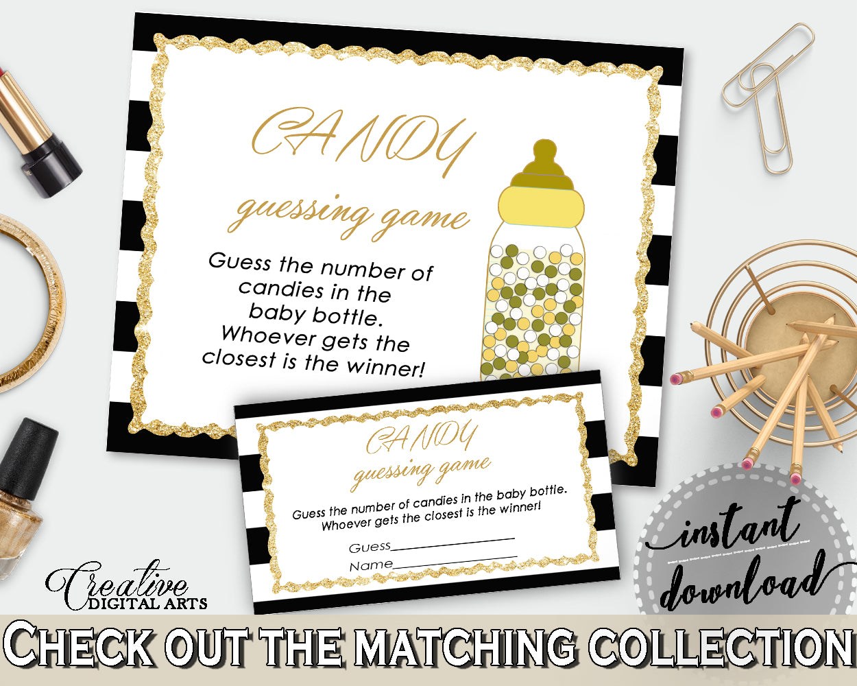 CANDY GUESSING GAME sign and tickets for baby shower with black white stripes color theme printable, Jpg Pdf, instant download - bs001