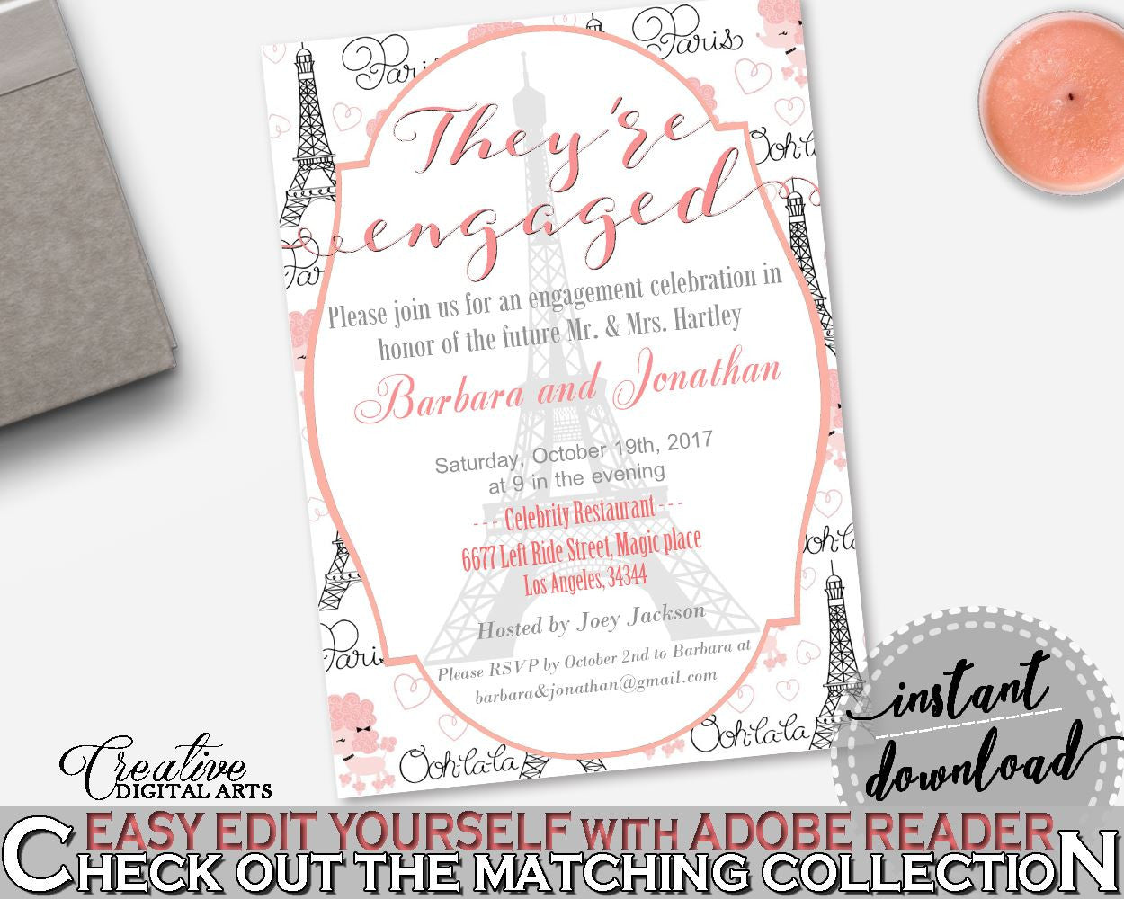 Paris Bridal Shower Engaged Invitation Editable in Pink And Gray, they're engaged, grey eiffel tower, party planning, party stuff - NJAL9 - Digital Product