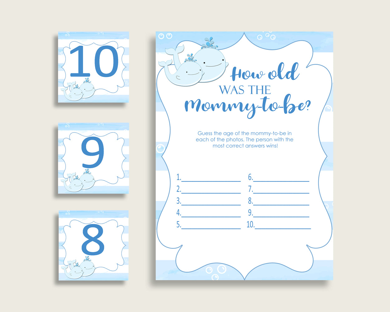 Blue White How Old Was The Mommy To Be, Boy Baby Shower Game Printable, Whale Guess Mommy's Age Game, Instant Download, Light Blue wbl01