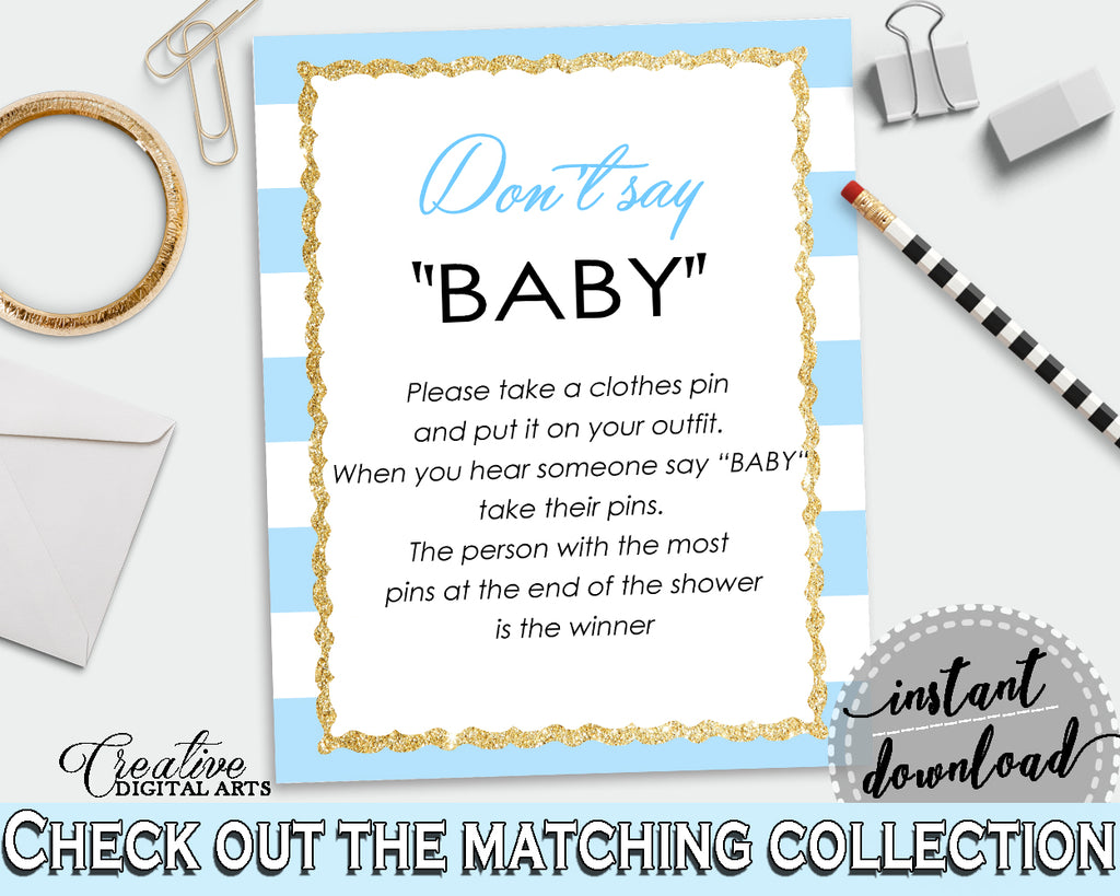 DON'T SAY BABY printable game for baby shower with blue and white stripes, glitter gold, digital files, Jpg Pdf, instant download - bs002