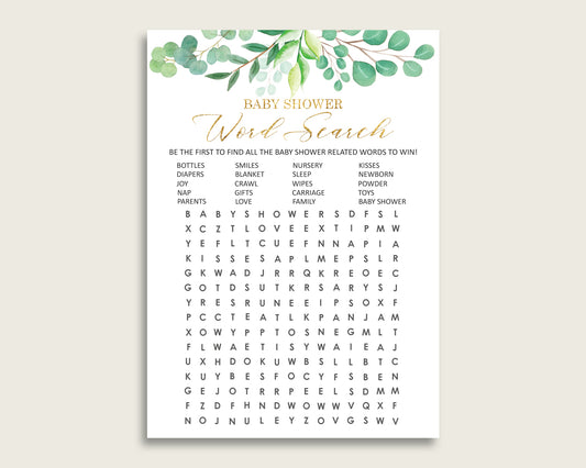 Greenery Word Search Game, Green Gold Baby Shower Word Search Cards Printable, Gender Neutral Baby Shower Activities, Hidden Words Y8X33