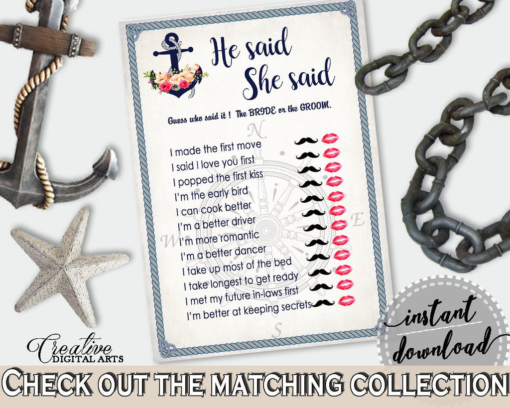 Nautical Anchor Flowers Bridal Shower He Said She Said Game in Navy Blue, she said game, maritime shower, party décor, party ideas - 87BSZ - Digital Product