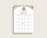 Pink Elephant Baby Shower Bingo Cards Printable, Pink Grey Baby Shower Girl, 60 Prefilled Bingo Game Cards, Mammoth Safari Theme ep001