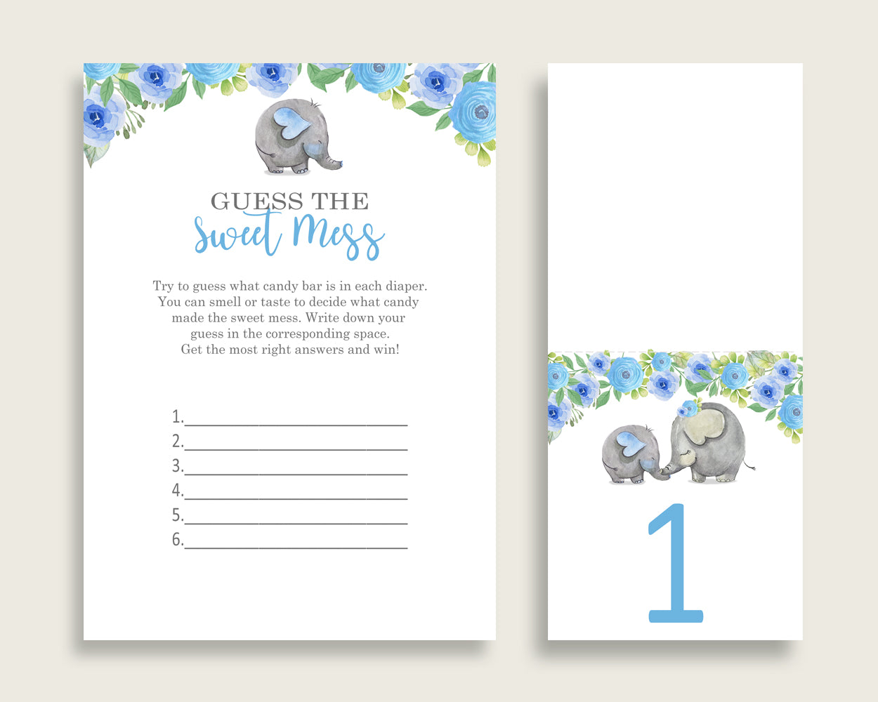 Elephant Blue Guessing Game Baby Shower Boy, Blue Gray Guess The Sweet Mess Game Printable, Dirty Diaper Game, Instant Download, ebl01