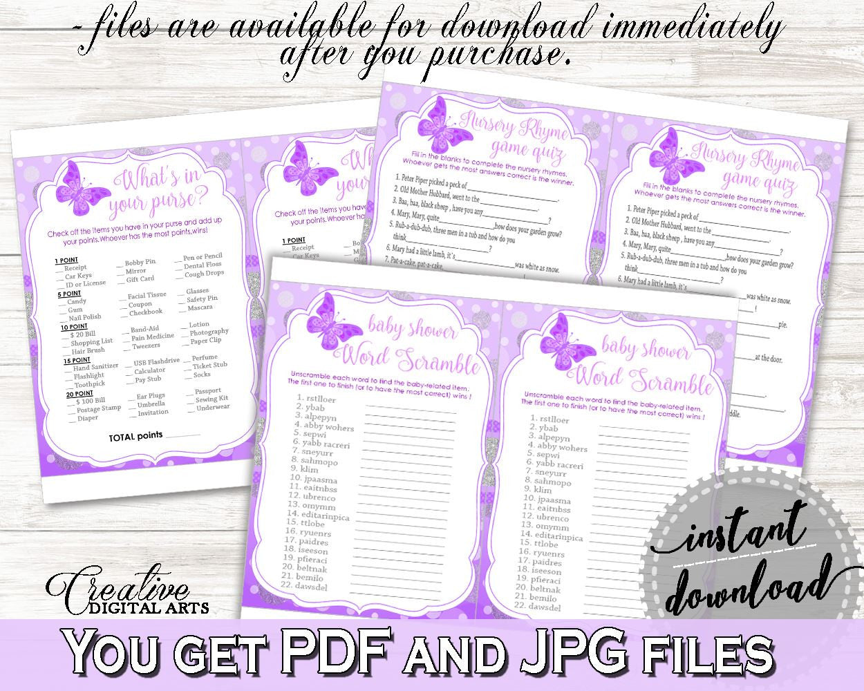 Games Baby Shower Games Butterfly Baby Shower Games Baby Shower Butterfly Games Purple Pink party theme, customizable files, prints 7AANK - Digital Product