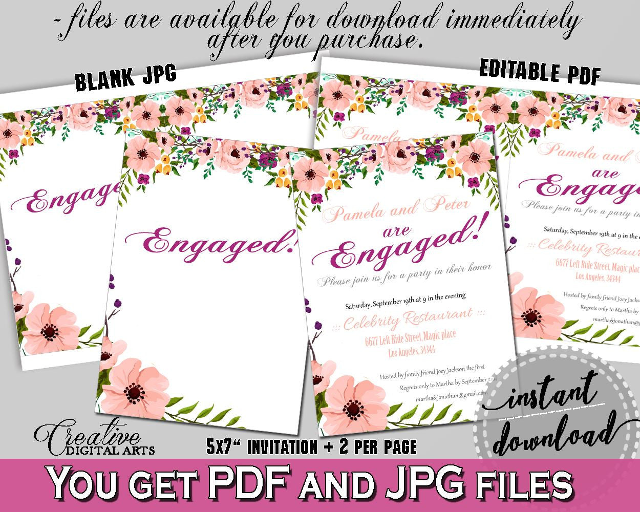 Watercolor Flowers Bridal Shower Engaged Invitation Editable in White And Pink, engagement, floral theme shower, party organizing - 9GOY4 - Digital Product