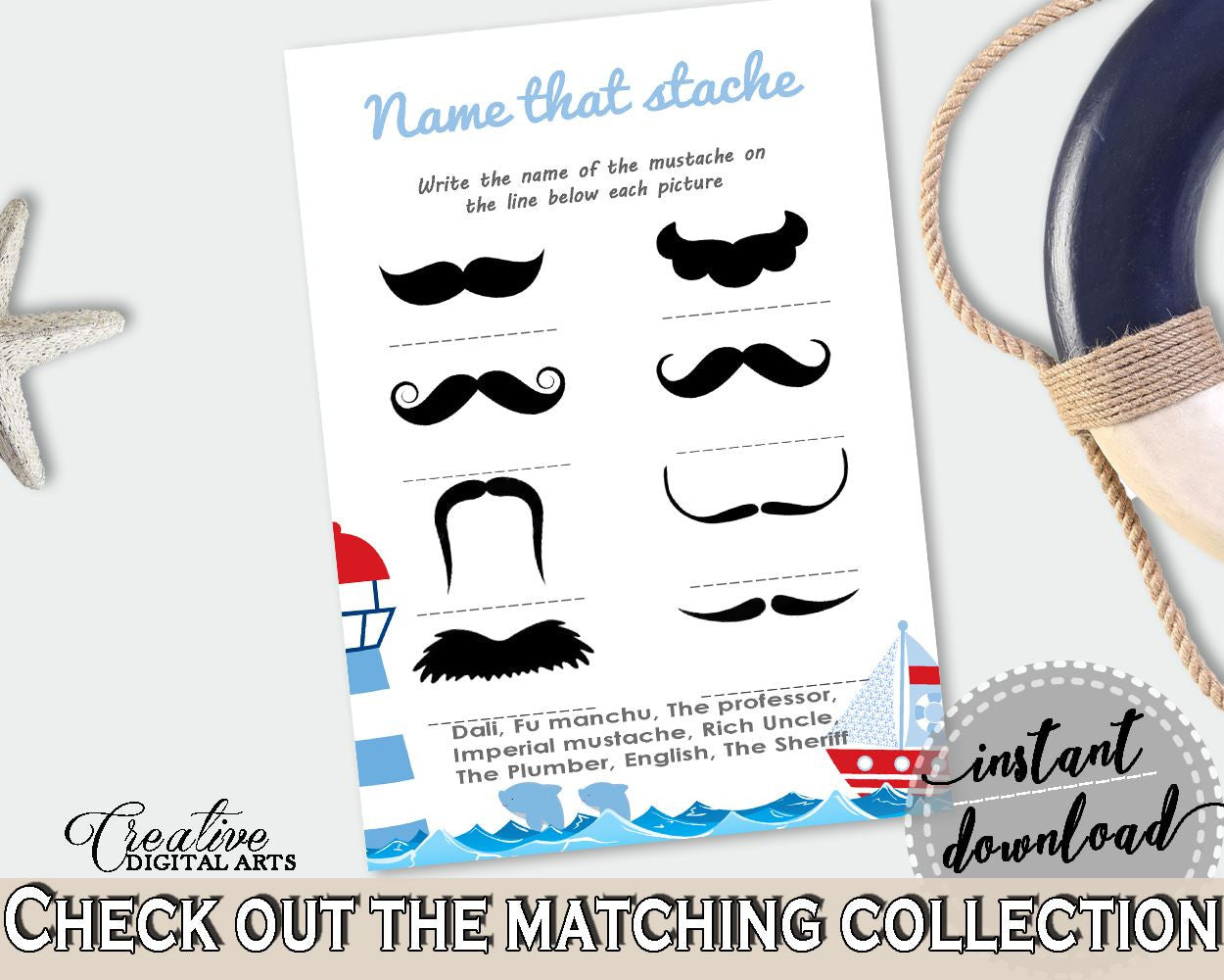 Name That Stache Baby Shower Name That Stache Nautical Baby Shower Name That Stache Baby Shower Nautical Name That Stache Blue Red - DHTQT - Digital Product