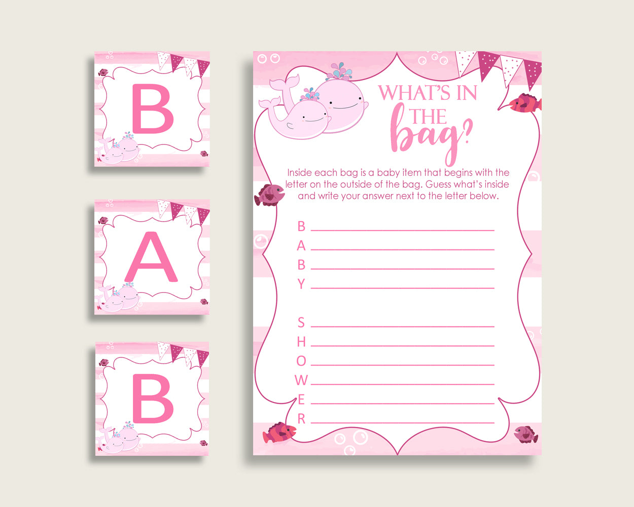 Pink Whale Baby Shower What's In The Bag Game, Pink White Girl Bag Game Printable, Instant Download, Popular Sea Animals Baby Whale wbl02