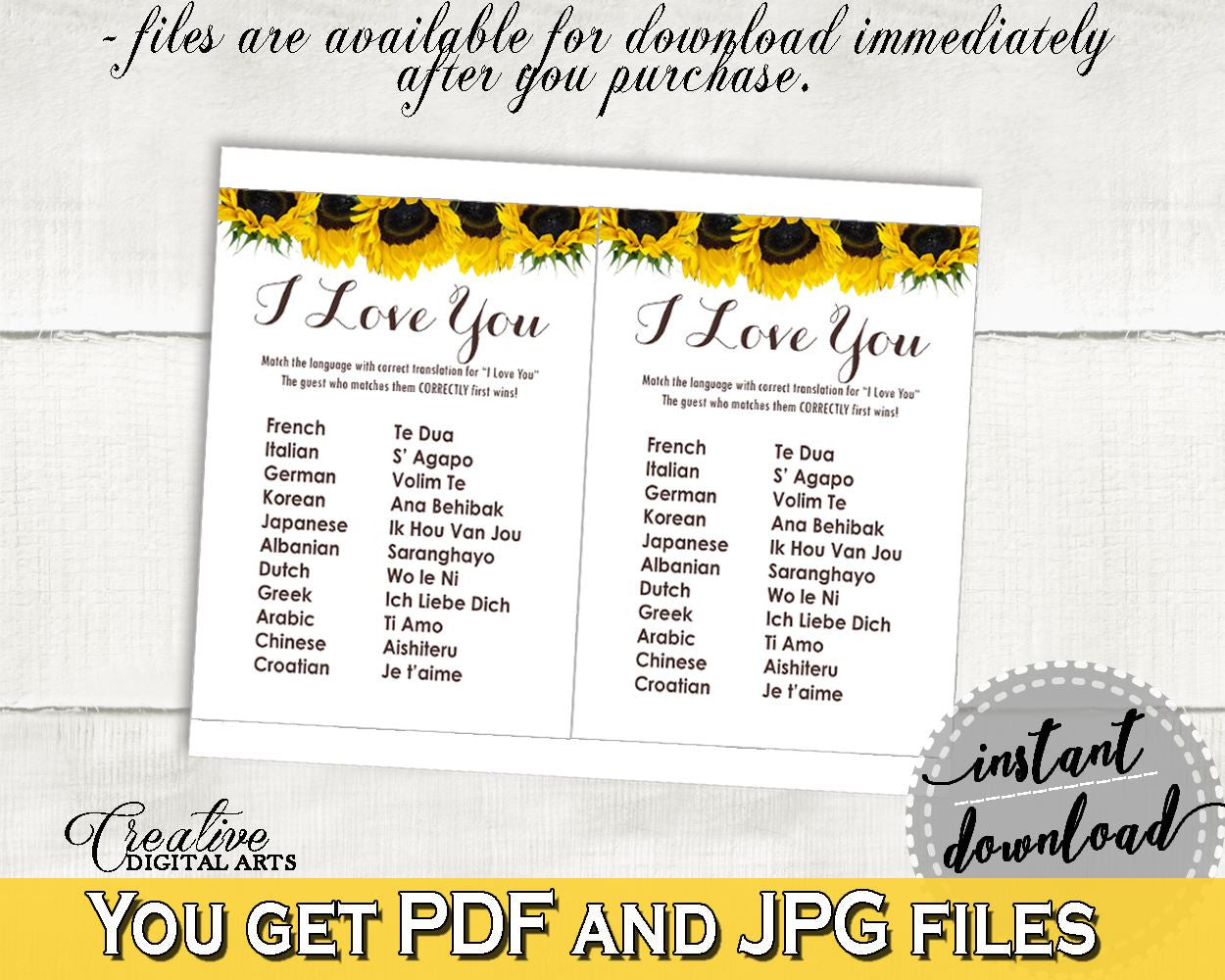 I Love You Game Bridal Shower I Love You Game Sunflower Bridal Shower I Love You Game Bridal Shower Sunflower I Love You Game Yellow SSNP1 - Digital Product