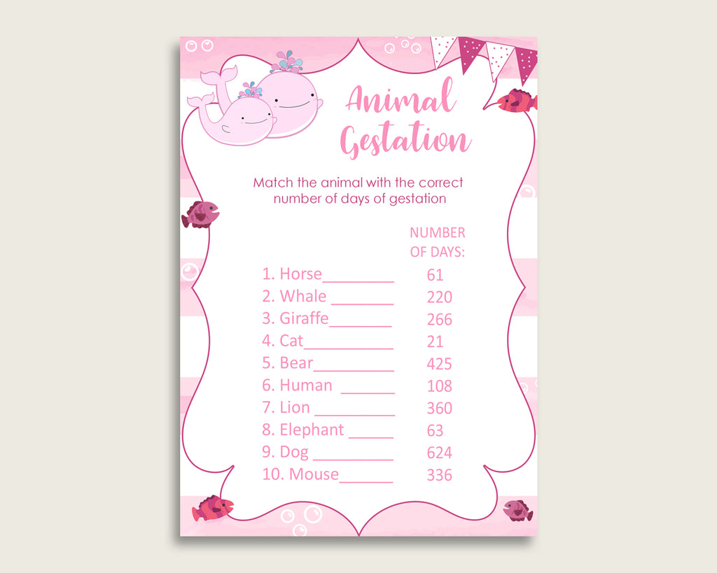 Pink Whale Animal Pregnancy Gestation Game, Pink White Baby Shower Girl Printable Activities, Instant Download, Watercolor Stripes wbl02