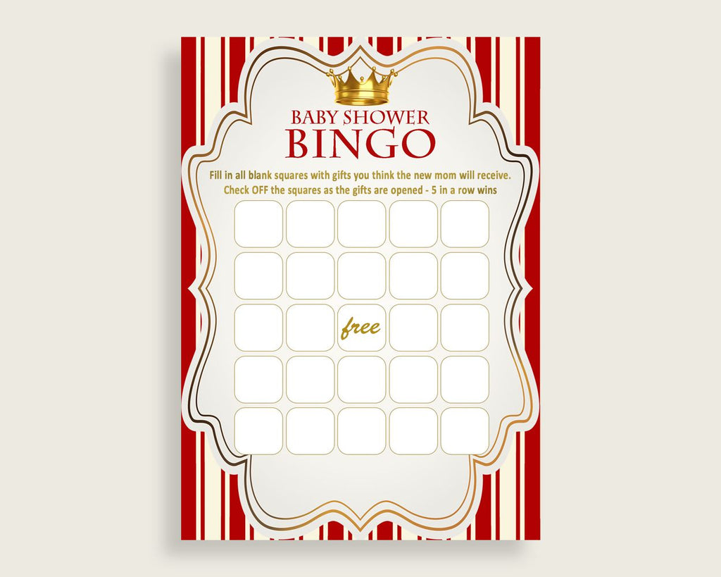 Red Gold Baby Shower Bingo Blank Game Printable, Prince Baby Shower Boy Bingo Blank Cards, Bingo Gift Opening Game, Cute Theme Crown 92EDX
