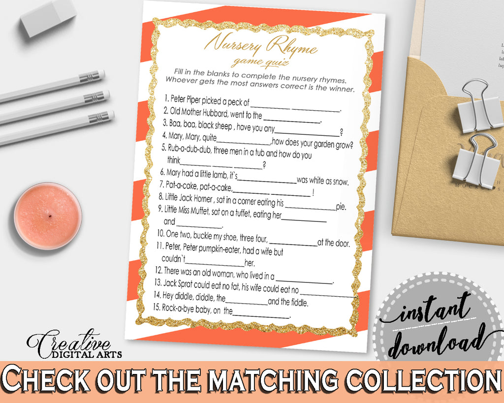 Baby Shower NURSERY RHYME QUIZ game with orange white stripe theme printable, glitter gold, digital files, instant download - bs003