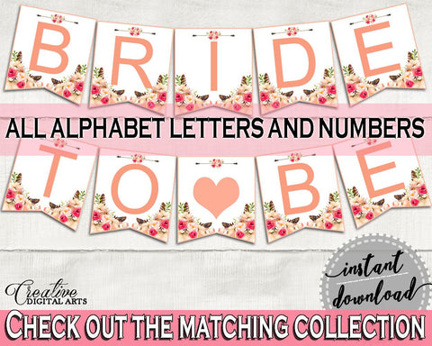 Banner in Bohemian Flowers Bridal Shower Pink And Red Theme, all letters alphabet, stylish bridal, party planning, party stuff - 06D7T - Digital Product