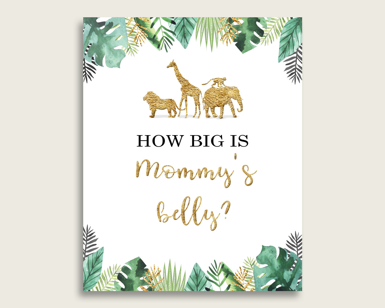 Gold Green How Big Is Mommy's Belly Game, Jungle Baby Shower Gender Neutral, Guess Mommys Belly Size, Mommy Tummy Game, Instant EJRED