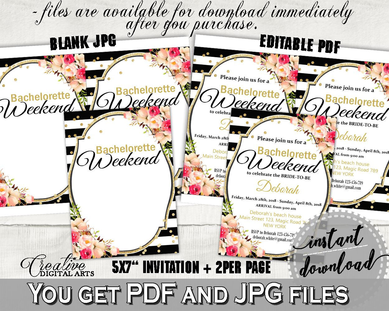 Flower Bouquet Black Stripes Bridal Shower Bachelorette Weekend Invitation Editable in Black And Gold, editable invitation, prints - QMK20 - Digital Product