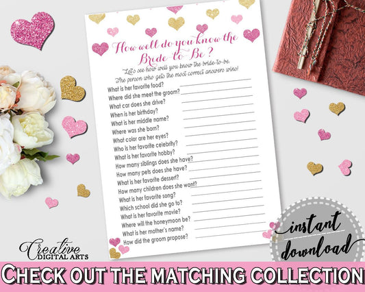 How Well Do You Know The Bride To Be in Glitter Hearts Bridal Shower Gold And Pink Theme, knowing the bride,  stylish bridal shower  - WEE0X - Digital Product