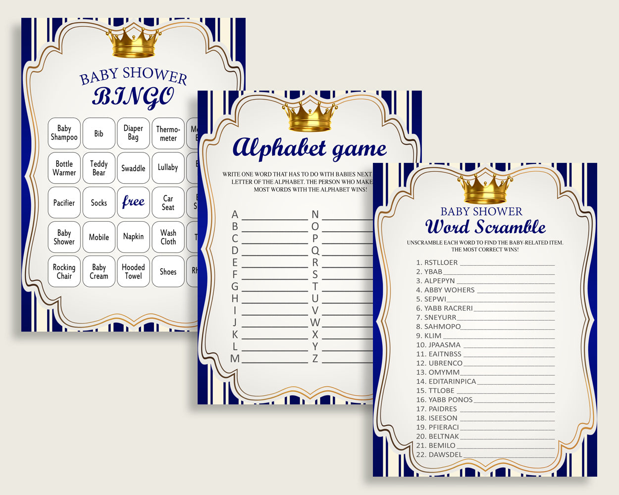 Royal Prince Baby Shower Games Printable Pack, Blue Gold Baby Shower Games Package Boy, Royal Prince Games Bundle Set, Instant rp001