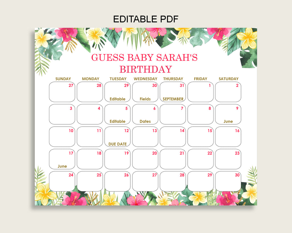 Pink Green Guess Baby Due Date Calendar Game Printable, Hawaiian Baby Shower Girl Birthday Prediction Calendar Editable, Instant 955MG