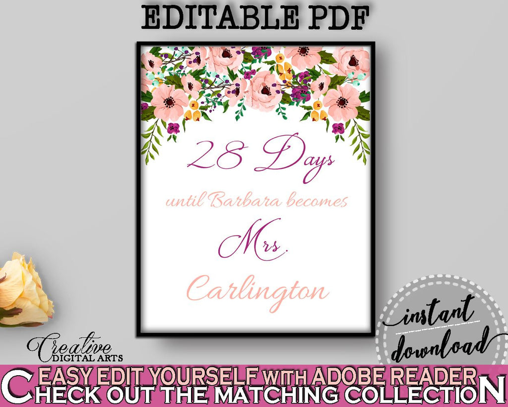 Watercolor Flowers Bridal Shower Days Until Becomes in White And Pink, bridal shower sign, bridal watercolor, digital print, prints - 9GOY4 - Digital Product