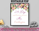 Watercolor Flowers Bridal Shower Days Until Becomes in White And Pink, bridal shower sign, bridal watercolor, digital print, prints - 9GOY4 - Digital Product