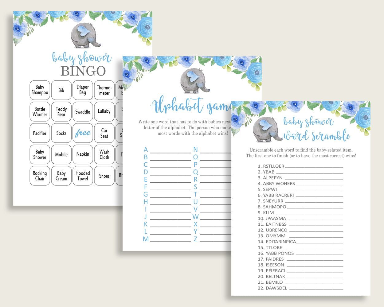 Elephant Blue Baby Shower Games Printable Pack, Blue Gray Baby Shower Games Package Boy, Elephant Blue Games Bundle Set, Instant ebl01