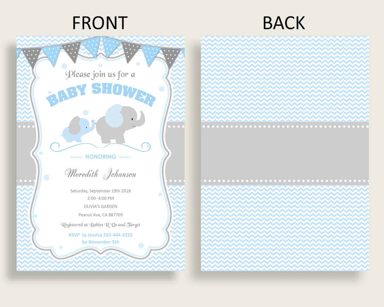 Elephant Baby Shower Invitations Printable, Digital Or Printed Invitation Baby Shower Boy, Editable Invitation Blue Grey Most Popular ebl02