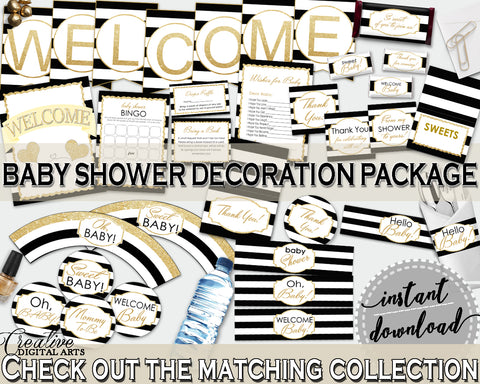 Baby Shower Decoration package bundle printable with Black Stripes for girls or boys, digital Jpg Pdf - Instant Download - bs001